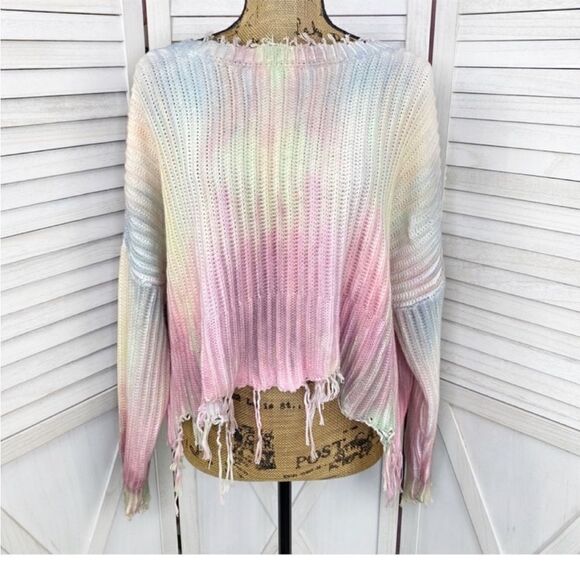 Skylar + Madison Tie Dye Distressed Crop Sweater Medium Reversible Fringe Grunge - Picture 2 of 16